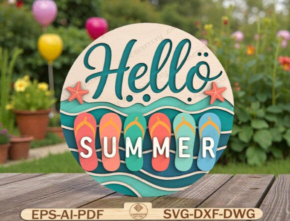 Hello Summer Round Door Hanger Laser Cut
